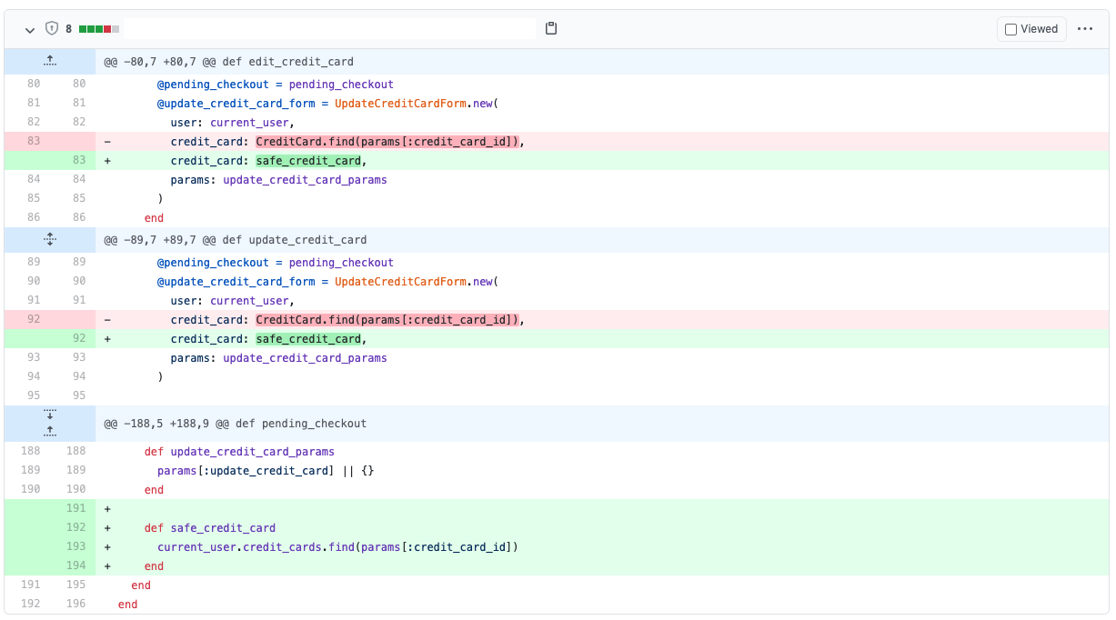 Code diff showing CreditCard.find replaced with safe_credit_card scoped to current_user